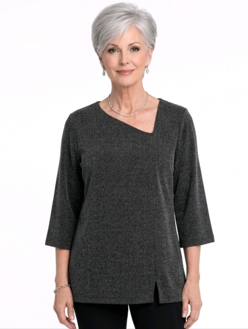 Chico's Asymmetrical Charcoal Herringbone 3/4 Sleeve Tunic Top Size M